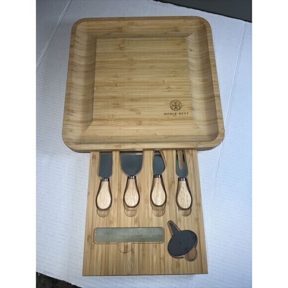 🔥 Bamboo Cheese Board &‎ Knife Set; Noble Nest Charcuterie Board-NWOB